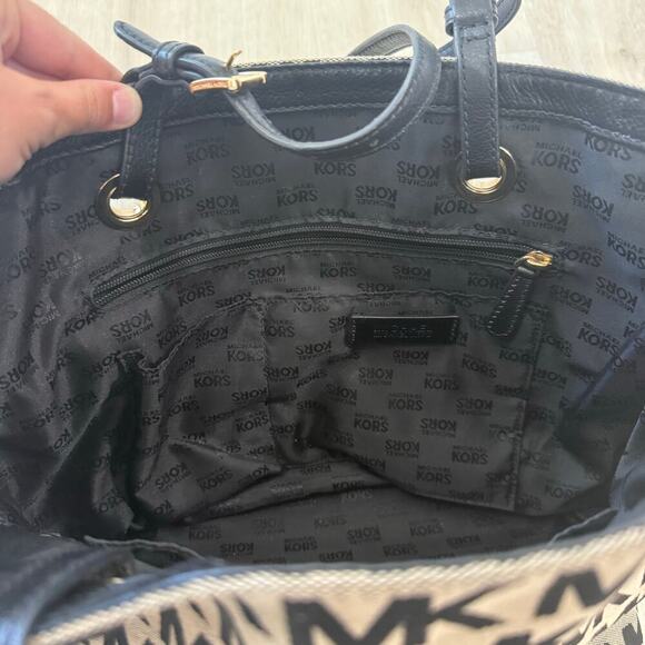 Michael Kors Jet Set Signature Monogram Canvas Tote Bag Purse Black Tan - Picture 3 of 6